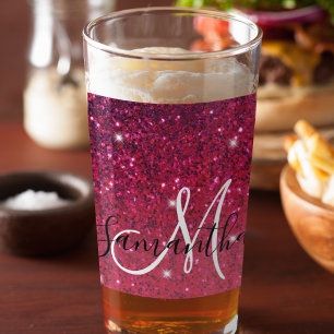 Modern Red & Pink Glitter Sparkles Name Glass