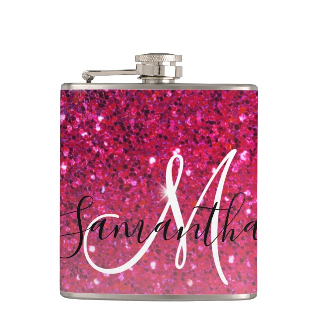 Modern Red & Pink Glitter Sparkles Name Hip Flask (Front)
