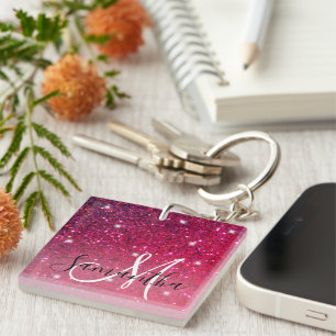 Modern Red & Pink Glitter Sparkles Name Key Ring