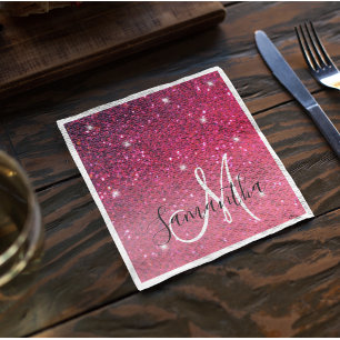 Modern Red & Pink Glitter Sparkles Name Napkin