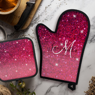 Modern Red & Pink Glitter Sparkles Name Oven Mitt & Pot Holder Set