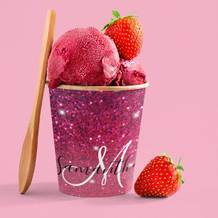 Modern Red & Pink Glitter Sparkles Name Paper Cups