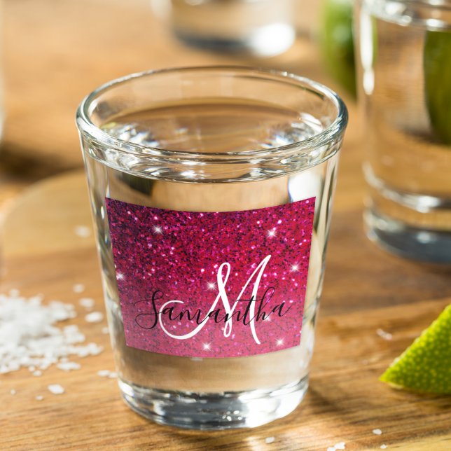 Modern Red & Pink Glitter Sparkles Name Shot Glass (Creator Uploaded)