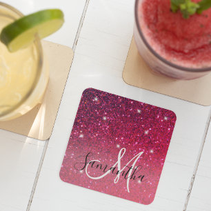 Modern Red & Pink Glitter Sparkles Name Square Paper Coaster