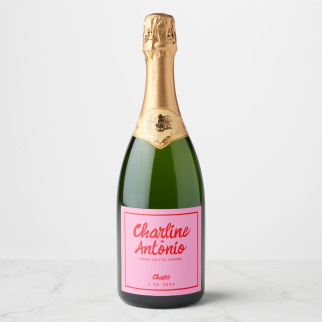Modern  Red pink Handwriting Retro Wedding   Sparkling Wine Label (Front)