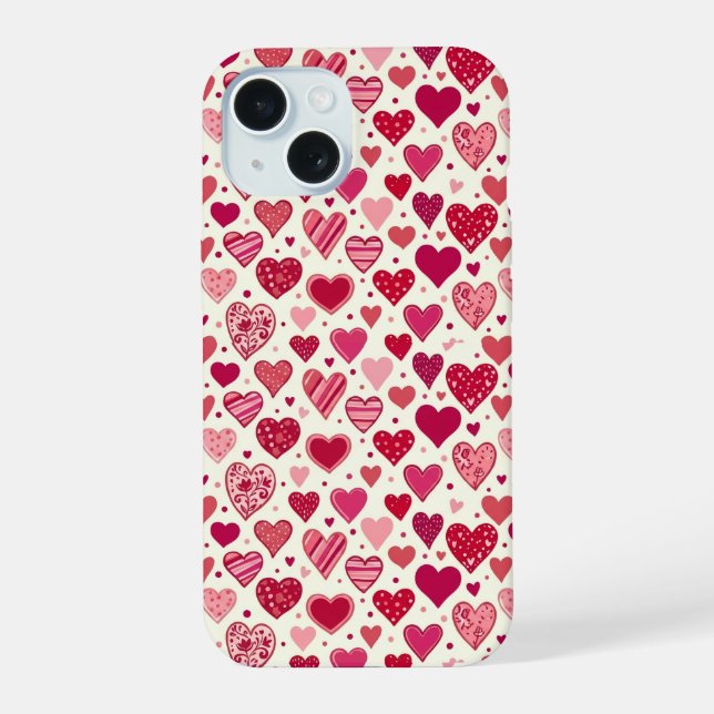 Modern Red & Pink Hearts Pattern iPhone 15 Case (Back)