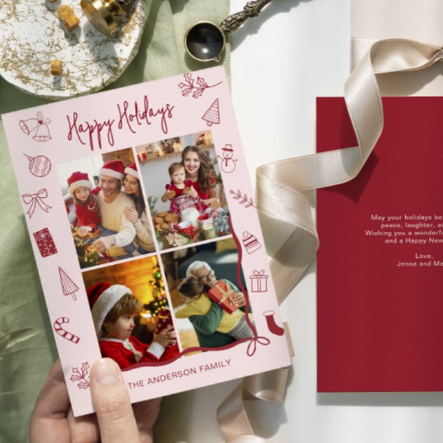 Modern Red Pink Holiday Family Collage Card (Creator Uploaded)