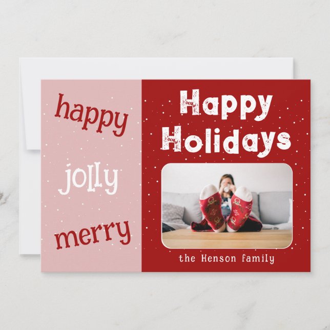 Modern Red Pink Photo Snowflake Christmas Happy Holiday Card (Front)