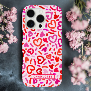 Modern Red Pink Purple Romantic Love Heart Pattern iPhone 16 Pro Case