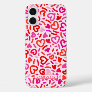 Modern Red Pink Purple Romantic Love Heart Pattern iPhone 16 Plus Case