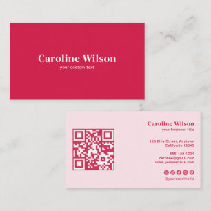 Modern Red & Pink QR Code Social Media Girly Business Card