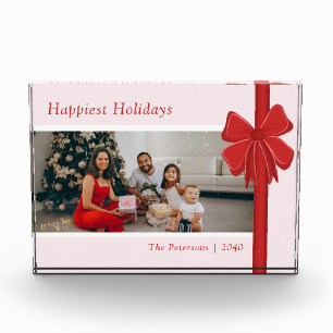 Modern Red & Pink Ribbon Bow Wrap Christmas Photo Block