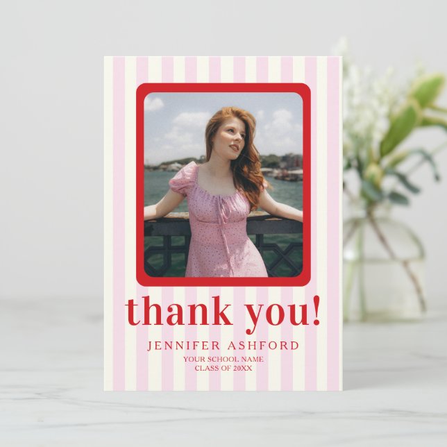 Modern Red & Pink Striped Photo Graduation Thank You Card (Standing Front)