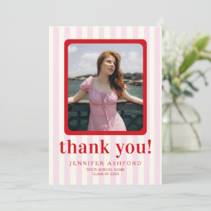 Modern Red & Pink Striped Photo Graduation Thank You Card
