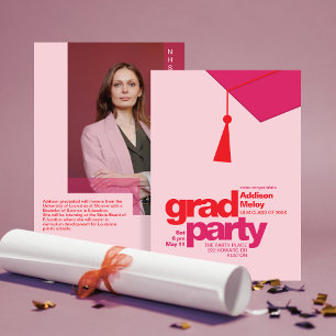 Modern Red & Pink Typography Grad Party Photo Invitation