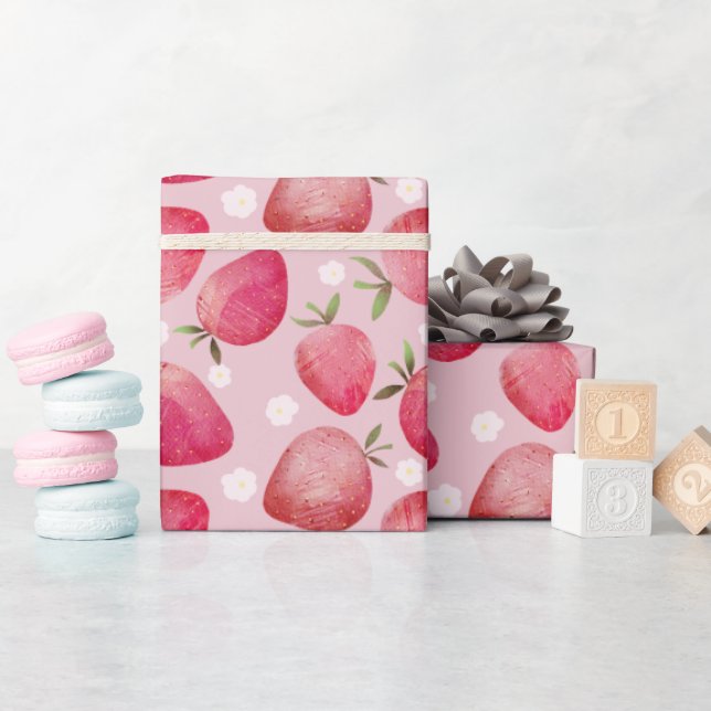 Modern red & Pink Watercolor Stawberry pattern Wrapping Paper (Baby Shower)