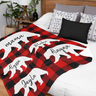 Modern Red Plaid And White Mama Bear Fleece Blanket