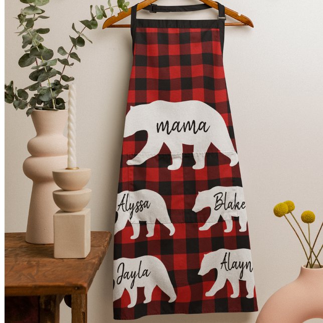 Modern Red Plaid And White Mama Bear Gift Apron (Creator Uploaded)
