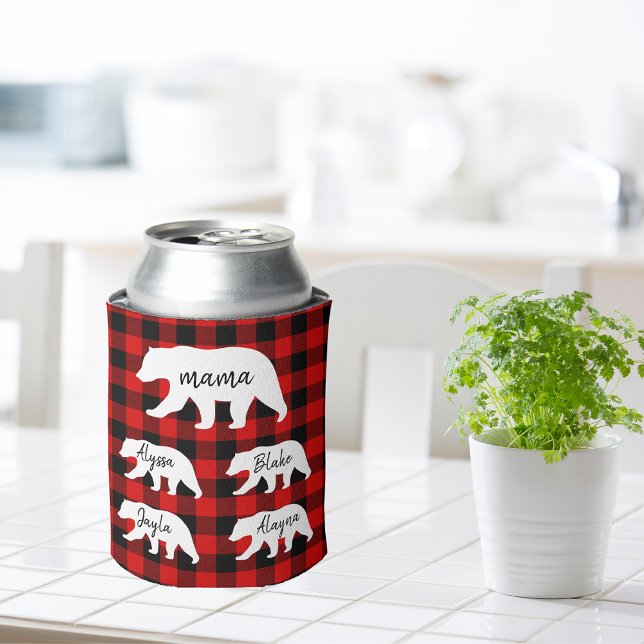 Modern Red Plaid And White Mama Bear Gift Can Cooler (Creator Uploaded)
