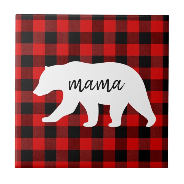 Modern Red Plaid And White Mama Bear Gift Tile (Front)