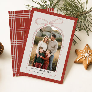 Modern Red Plaid Bow Family Arch Photo Christmas Holiday Card