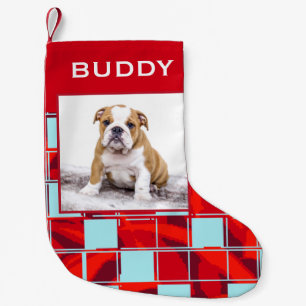 Modern Red Plaid Bulldog Dog Pet Photo  Small Christmas Stocking