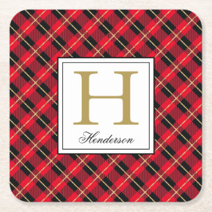 Modern Red Plaid Check Gold Accents, Monogrammed Square Paper Coaster