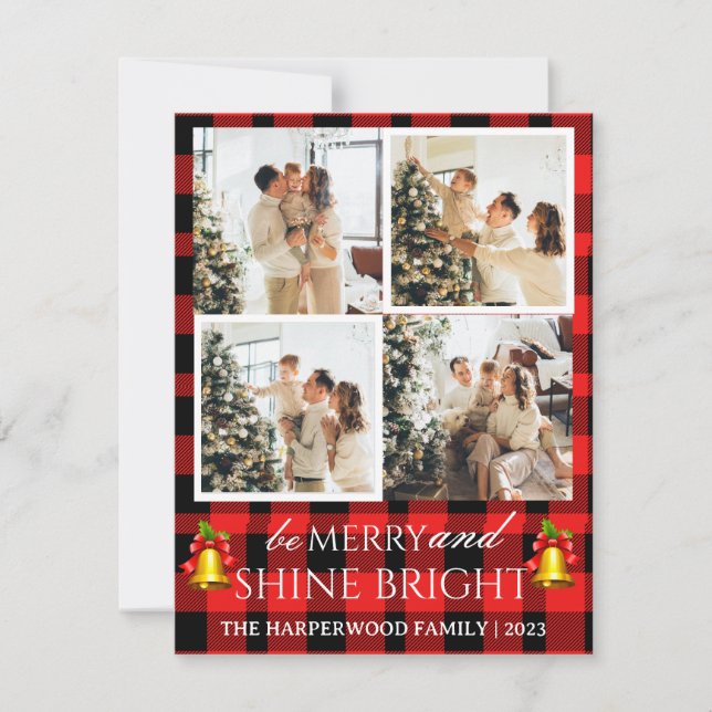 Modern Red Plaid Christmas Family Photo Collage Holiday Card (Front)