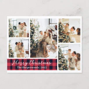Modern Red Plaid Christmas Family Photo Collage Holiday Postcard