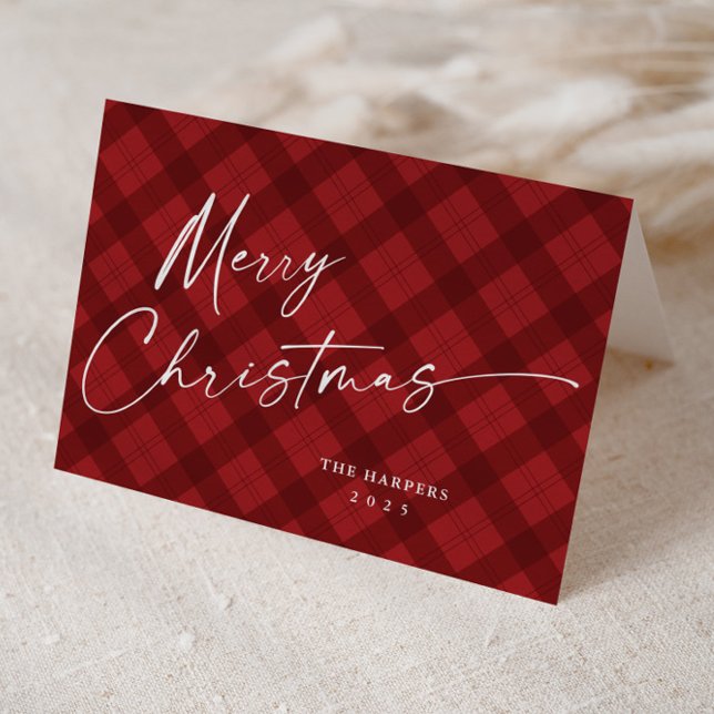Modern Red Plaid Elegant Script Christmas Holiday Card (Modern handwritten Merry Christmas Script Red Plaid Folded Holiday Cards.)