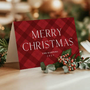 Modern Red Plaid Elegant Typography Christmas Holiday Card