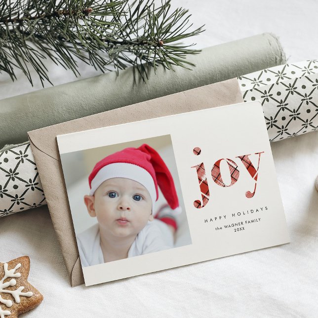 Modern Red Plaid Joy Christmas Holiday Photo (Creator Uploaded)