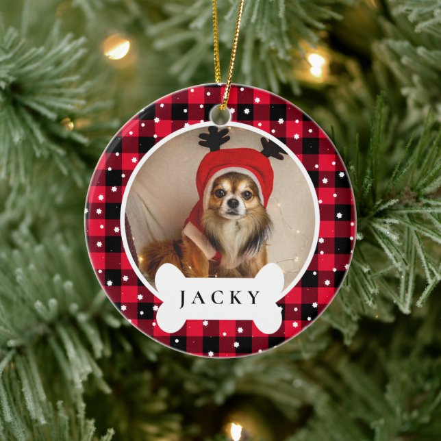 Modern Red Plaid Personalised Pet Dog Photo & Name Ceramic Tree Decoration (Tree)