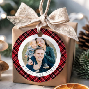Modern Red Plaid Photo Christmas Favour Tags