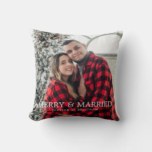 Modern Red Plaid Photo Newlyweds Merry and Married Cushion
