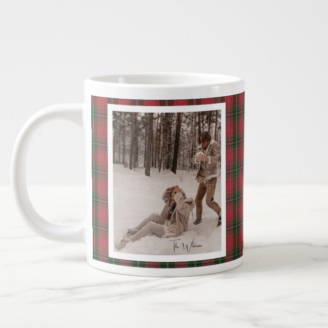 Modern Red Plaid Rustic 2 Photo Christmas Gift Large Coffee Mug (Left)