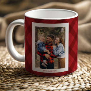 Modern Red Plaid Rustic Monogram Photo Christmas Coffee Mug