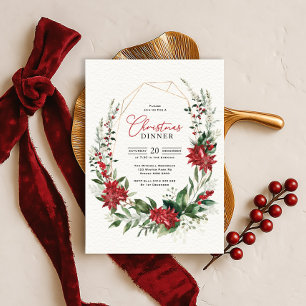 Modern Red Poinsettia Greenery Christmas Dinner Invitation