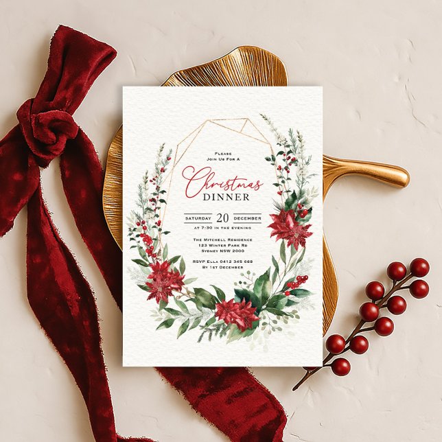Modern Red Poinsettia Greenery Christmas Dinner Invitation (Creator Uploaded)