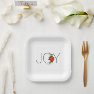 Modern Red poinsettia Holiday Joy Christmas Paper Plate