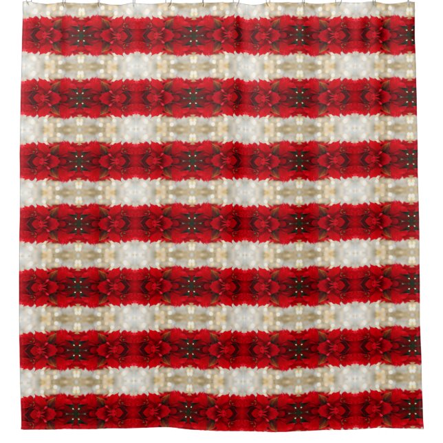 Modern Red Poinsettias and White Lights stripes Shower Curtain (Front)