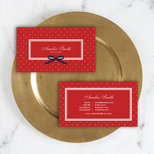 Modern Red Polka Dot Blue Ribbon Social Media Business Card
