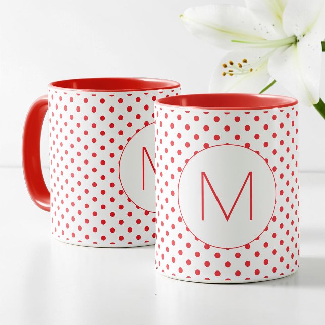 Modern Red Polka Dot Pattern Cute Initial Monogram Mug (Modern Red Polka Dot Pattern Cute Initial Monogram Mug)