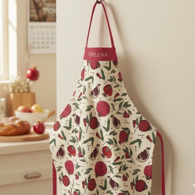Modern Red Pomegranate Fruit Pattern Apron (Modern Botanical Red Pomegranate Fruit Pattern Apron for Her. Elegant Pomegranates & Leaves Drawing)
