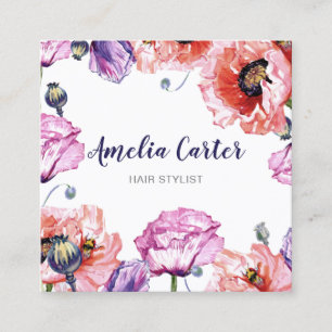 Modern Red Poppies Floral Girly Cute Personalised Square Business Card