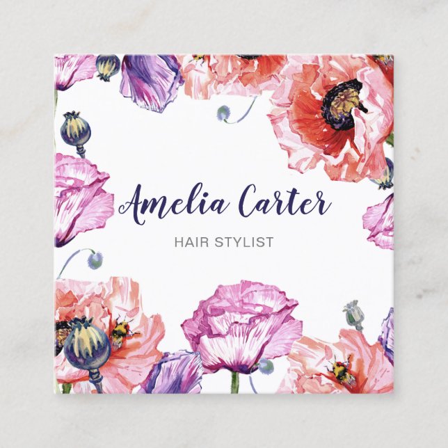 Modern Red Poppies Floral Girly Cute Personalised Square Business Card (Front)