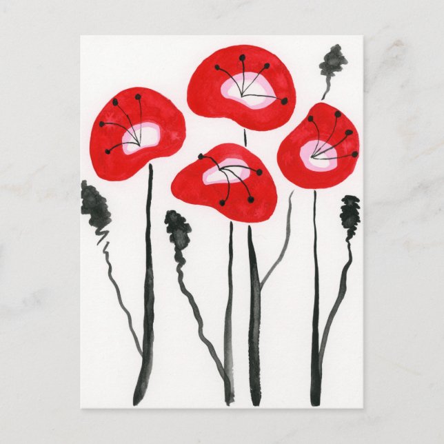 Modern Red Poppies Watercolor Fowers Postcard (Front)