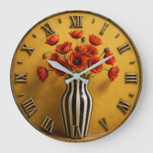 Modern Red Poppy Black White Striped Vase Floral Large Clock