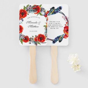Modern Red Poppy Boho Feathers Wedding Thank You Hand Fan