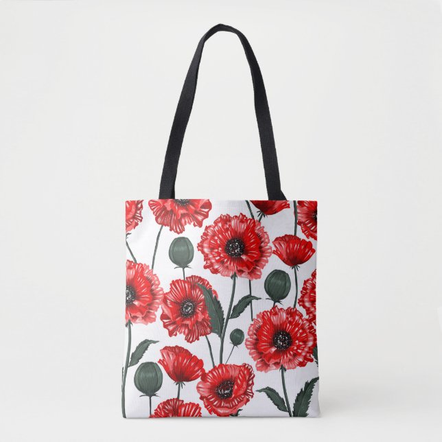 Modern Red Poppy Country Floral Tote Bag (Front)